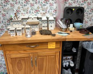 Microwave cart, old porcelain spice set, pots, pans, stuff inside too!