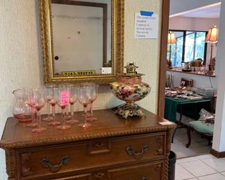 Chest of drawers, pink glass stemware, gwtw type lamp, large gilded mirror