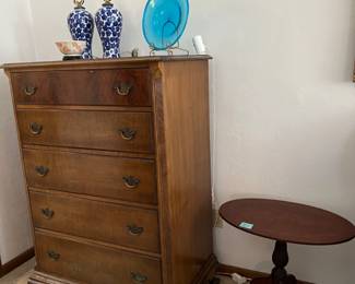 Chest of drawers, stretch glass platter, pair blue & white lamps, Asian bowl, inlaid candle stand tripod base.