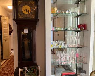 Grandfather clock, textiles, stemware, paperweights