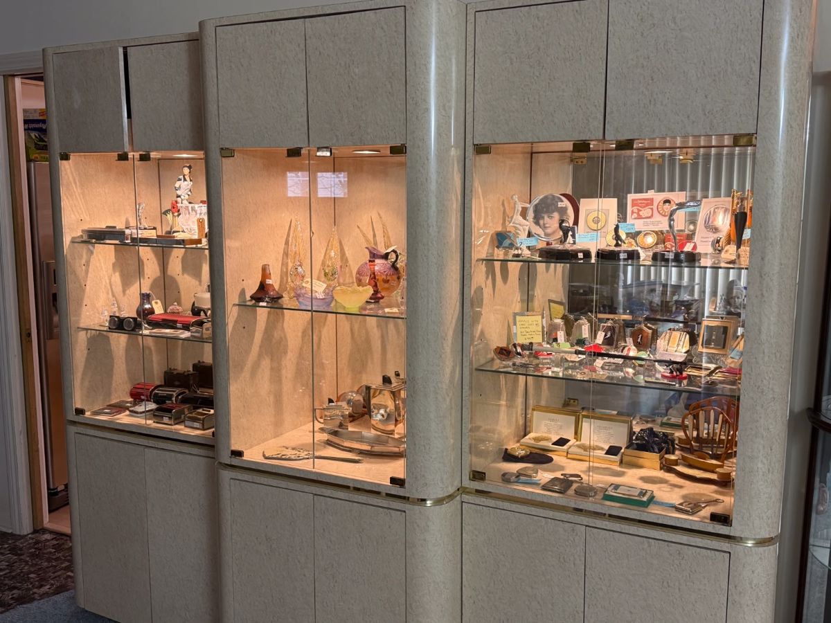 Beautiful Art Glass, Art Deco collectibles including perfume bottles, collection of compacts, silver, vanity sets, figurines and more  