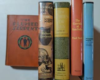 The Plumed Serpent by D. H. Lawrence, Animals, Men, and Myths by Richard Lewinsohn, New Stories for Men, edited by Charles Grayson, The Corrida at San Feliu by Paul Scott, Picasso Plain by Helene Parmelin