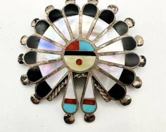 Vintage Zuni Native American silver, turquoise, mother of pearl, and carnelian inlay brooch