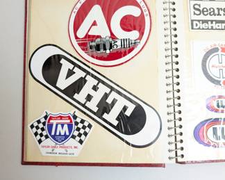 Collection of vintage stickers, mainly automotive and beer brands