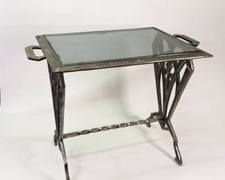 Fabulous Art Deco wrought iron glass top side table with handles