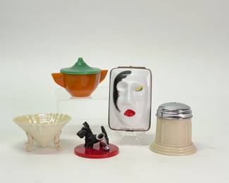 Belleek Limpet Shell Salt Dish, a vintage Scottie Dog pencil holder, a DuBarry Mask Limoges porcelain Prince's Trust series box, a Corega salt shaker