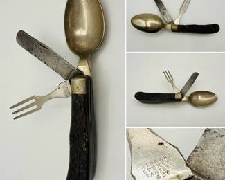  Vintage Hibbard, Spencer, Bartlett & Co. folding camping utensil set, often called a "hobo knife," featurings a spoon, fork, and knife. Hibbard, Spencer, Bartlett & Co. was a hardware and sporting goods distributor based in Chicago, operating from 1855 to 1960. 