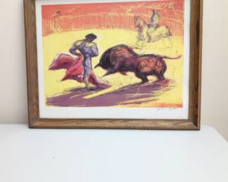Signed color illustration of a bullfight scene
