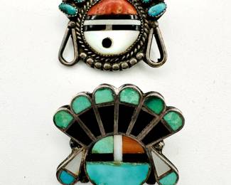 Pair of vintage Zuni Pueblo native American chieftain design inlaid silver pins