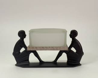 Art Deco figural metal and glass cigarette box
