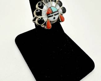 Another view of vintage inlaid native American Zuni Pueblo silver ring inlaid with mother of pearl, onyx, turquoise and carnelian in a chieftain design