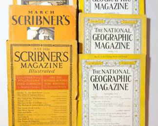 Three copies each of vintage Scribner Magazine and The National Geographic Magazine, 1920s through 1950s