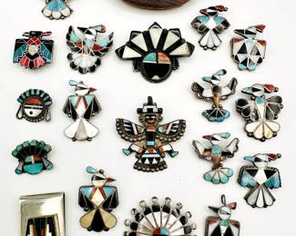 Beautiful collection of southwest Native American design jewelry to choose from - some of the silver brooches / pins, belt buckles and bolo tie slides shown here include Zuni Pueblo Chief and Thunderbird designs.  