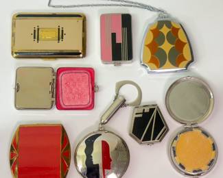 More amazing Art Deco era compacts including a black and pink DuBarry compact, a Richard Hudnut "Deauville" Art Deco Faces Black and Red Chrome Compact, and many more