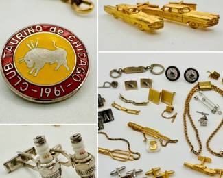 Closeups from the cool collection of vintage retro cufflinks, tie pins, watch chains, and pins including spark plug and automobile cufflinks, Club Taurino de Chicago 1961 pin, key chains, and more