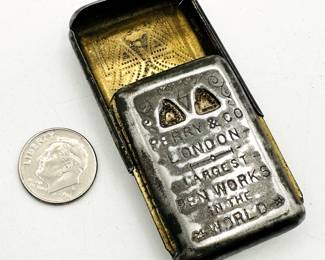 Back open view of antique pen nib box from Perry & Co London