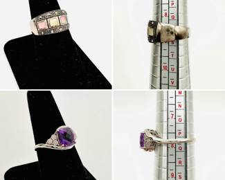 A sterling silver ring with mother of pearl inserts, and an unmarked ring with purple faceted stone