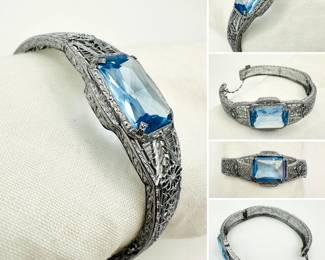 Exquisite Art Deco 1920's/30's filigree chrome hinged bangle bracelet with safety chain, unmarked