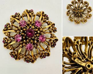 Vintage CORO pink rhinestone floral brooch