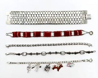 Costume jewelry bracelets, silver tone, enameled, charm bracelets