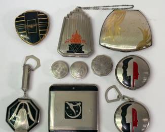 Art Deco compacts including Richard Hudnut "Deauvile" Art Deco Faces Black and Red Chrome Compacts, a  Richard Hudnut Le Debut 'Tulip' Compact, a vintage Elgin American sterling silver compact