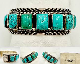 Signed J Johnson Sterling and Turquoise Navajo Native American Cuff Bracelet