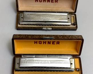Pair of Hohner 64 Chromonicas in original cases, made in Germany