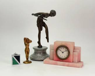 Art Deco items - a cosmetic compact, small metal figurine of female nude, an Art Deco bronze hoop dancer statue after Chiparus, and pink marble desk clock