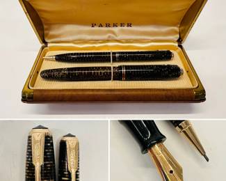 Gorgeous 1940s Parker Vacumatic Maxima Fountain Pen and Pencil set in original case. Golden arrow pocket clip. 14k gold nib. 