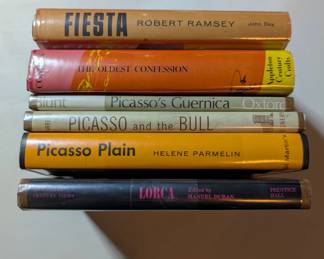 Fiesta by Robert Ramsey, The Oldest Confession by Richard Condon, Picasso's Guernica by Sir Anthony Blunt, Picasso and the Bull by Vicente Marrero, Picasso Plain by Helene Parmelin, Lorca edited by Manuel Duran