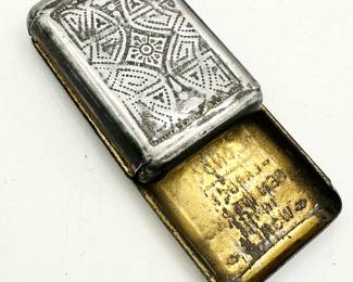 Open view of antique pen nib box from Perry & Co London