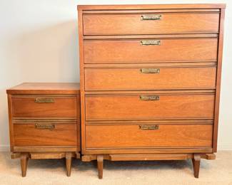 Bedroom furniture: A mid-century nightstand and highboy dresser by United Furniture Corporation