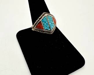 Another view of vintage Native American southwest design silver ring with inlaid turquoise and carnelian
