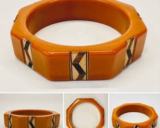 Rare vintage octagonal bakelite bangle bracelet with inlaid designs