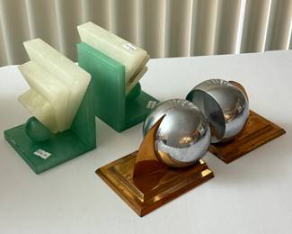 Art Deco bookends - one set is alabaster, the other set of bookends are made of copper and chrome, by American architect, industrial designer, and interior designer Lurelle Guild.