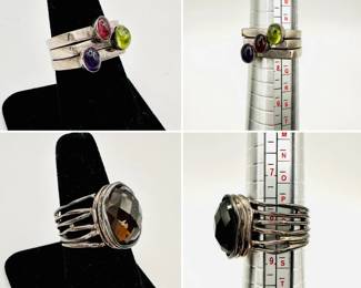 Sterling silver rings including one with a large smoky quartz looking faceted stone, and a set of three stackable rings with colored gem stones