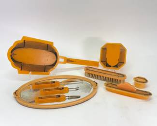 Vintage Art Deco vanity set, celluloid, orange and black