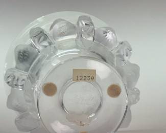 Closeup of base of the signed Lalique Dampierre vase - the alternating sparrows and vines are enhanced by the traditional Lalique satin-finish. Signed "Lalique France" in script on the base.