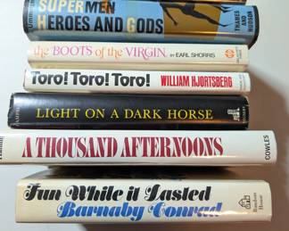 Many books at this sale including The Egotists by Oriana Fallaci, Supermen Heroes and Gods by Walter Umminger, The Boots of the Virgin by Earl Shorris, Toro! Toro! Toro! by William Hjortsberg, Light on a Dark Horse by Roy Campbell, A Thousand Afternoons by Peter Haining, Fun While it Lasted by Barnaby Conrad