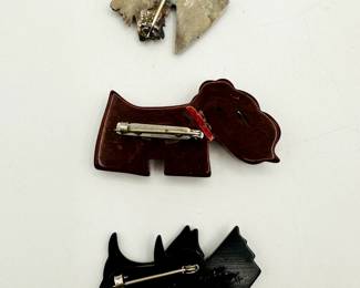 Reverse view of adorable vintage bakelite "Scottie dog" pins