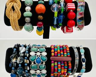 Brighten your day with these vivid costume jewelry bracelets - beads, links, woven, glass, chunky to slender styles