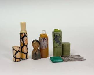 Art Deco era manicure set containers and covered perfume container, made in France and Germany