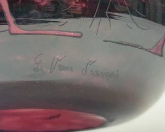 Closeup of signature on the Charles Schneider Le Verre Francais art glass "Dahlia" pitcher, circa 1920s. French Art Deco cameo glass.