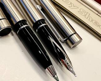 Closeup view of the Sheaffer "Targa" fountain pen and pencil set with original packaging
