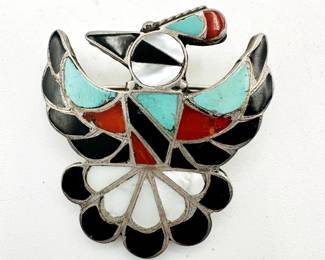 Vintage Native American southwest Zuni Pueblo Thunderbird design turquoise and carnelian inlaid silver pin