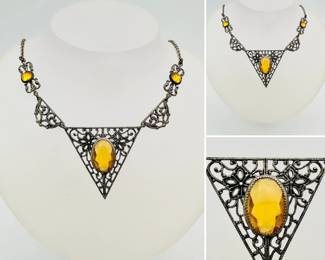 Art Deco style yellow stone and filigree necklace, unmarked
