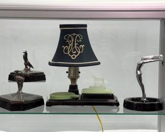 More Art Deco goodies: A vintage dresser dish with metal dog figure lid and one with antelope figure lid, a vintage Art Deco ashtray w/ Harry Davies' Flying Goddess chrome female figure, monogramed desk lamp, and more
