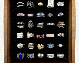 Collection of sterling silver and costume jewelry rings, many styles, colored stones