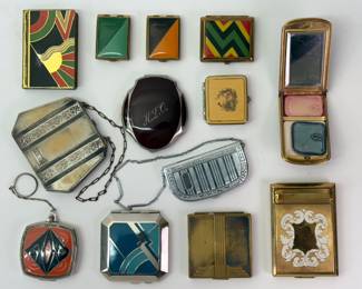Art Deco era makeup compacts and coin holders including ones from Armand, Richard Hudnut, Evans of America, Elgin, and more