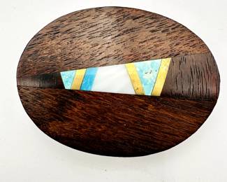 Hand carved Native American inlaid wood belt buckle